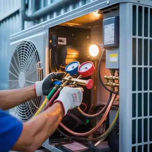 HVAC technician using gauges to service an outdoor air conditioning unit.