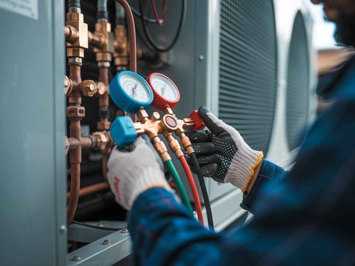 HVAC technician connecting gauges to an air conditioner unit outside.