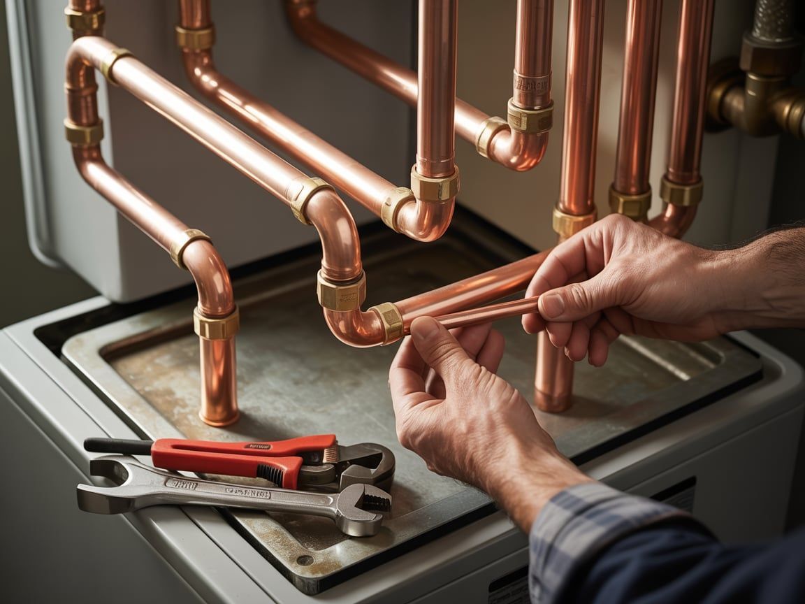 Hands of a plumber working with copper pipes on a heating system; wrenches and tools are visible.