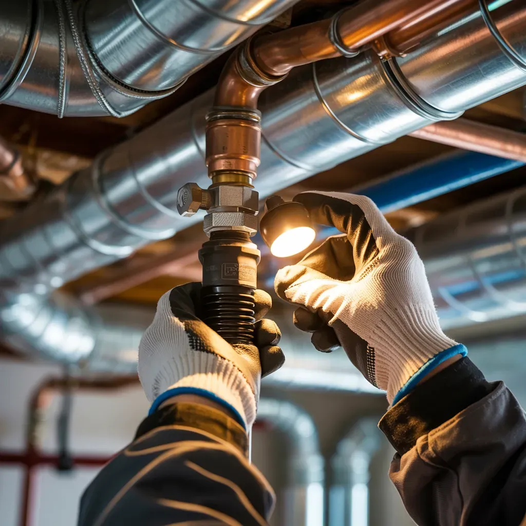 Hands of a worker in gloves connecting pipes with a light in a mechanical room.