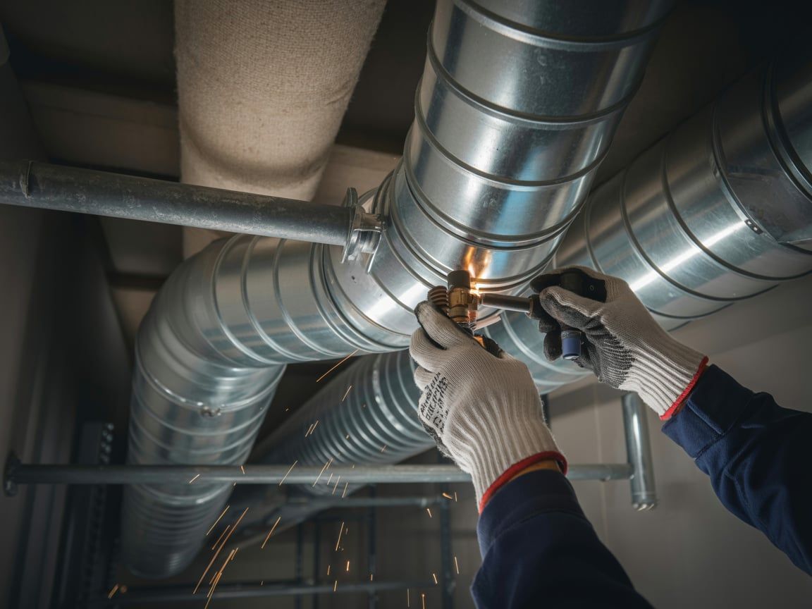 A person in gloves welds metal HVAC ductwork.