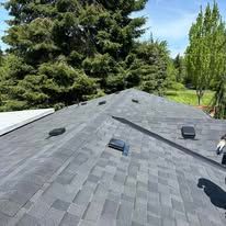 A view of a grey shingled roof with multiple dark vents, set against a backdrop of green pine trees and a clear blue sky.