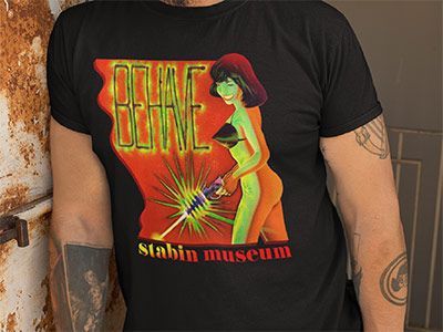 A man wearing a black t-shirt with a picture of a woman on it