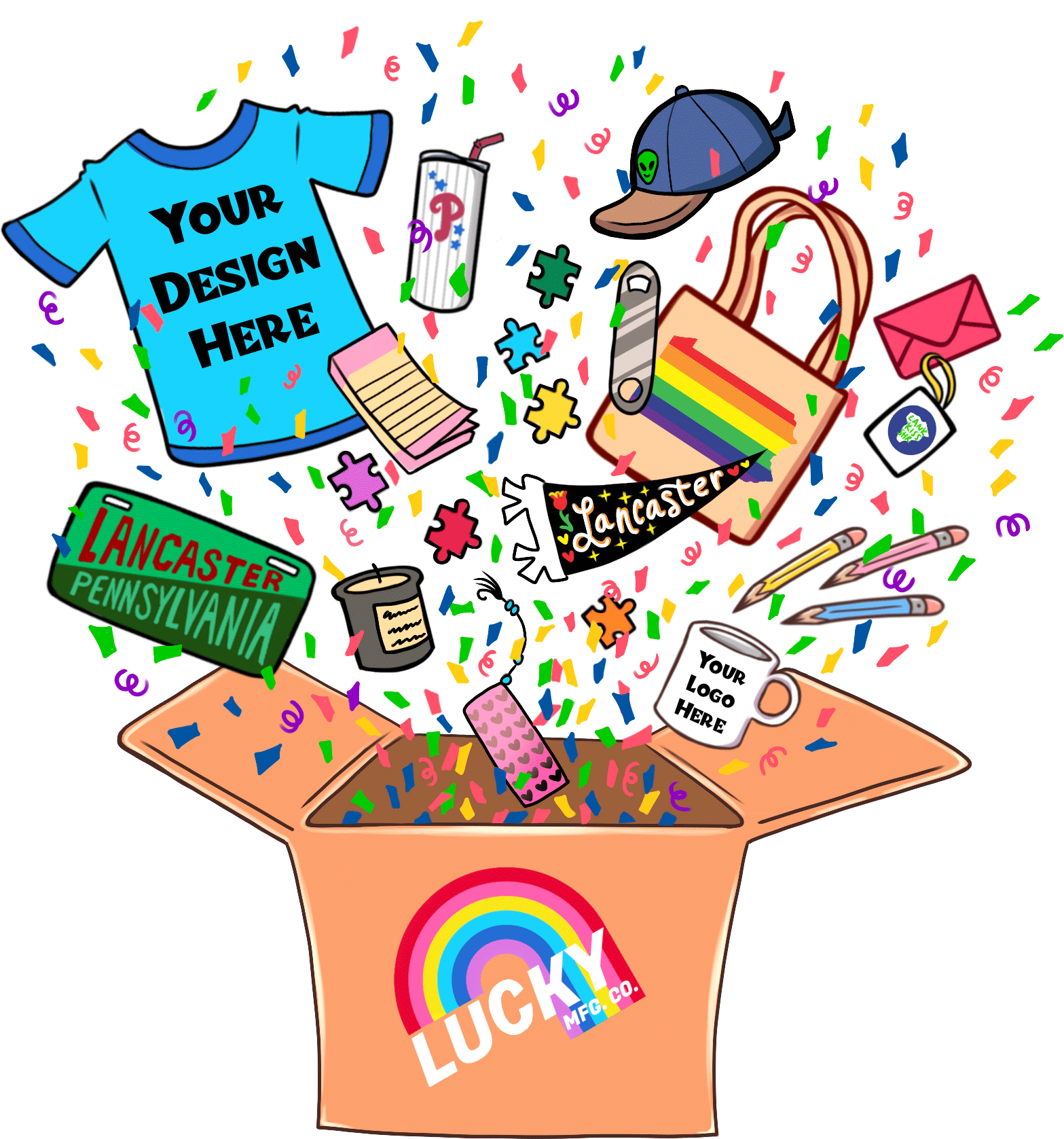 A cartoon of a box filled with confetti and a t-shirt that says your design here