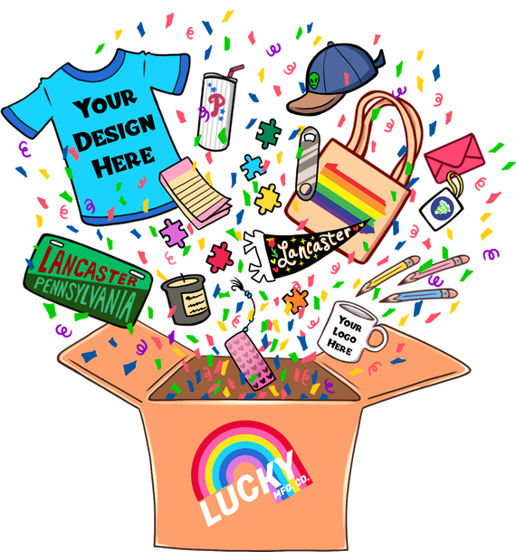 A cartoon of a box filled with confetti and a t-shirt that says your design here