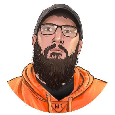 A man with a beard and glasses is wearing an orange hoodie.