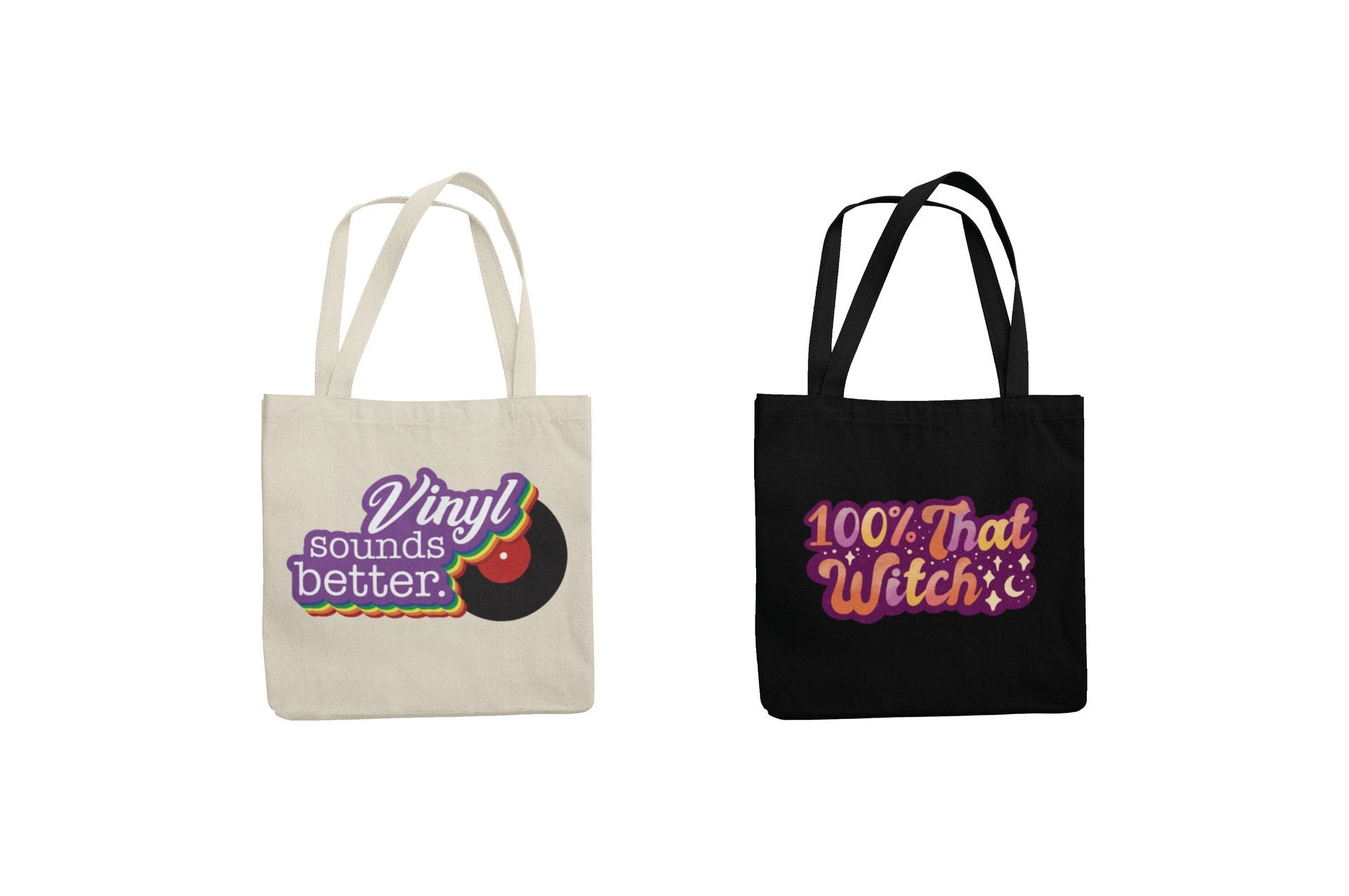 Two tote bags are sitting next to each other on a table.