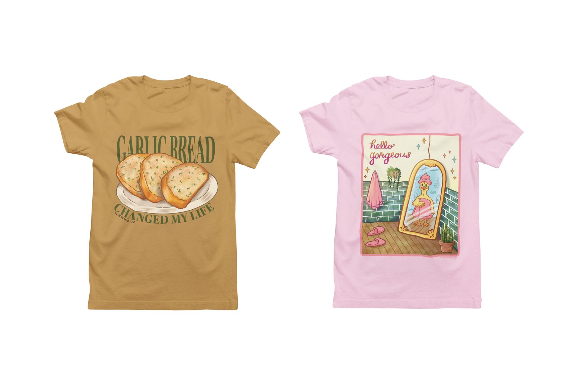 A man and a woman are standing next to each other wearing t-shirts.