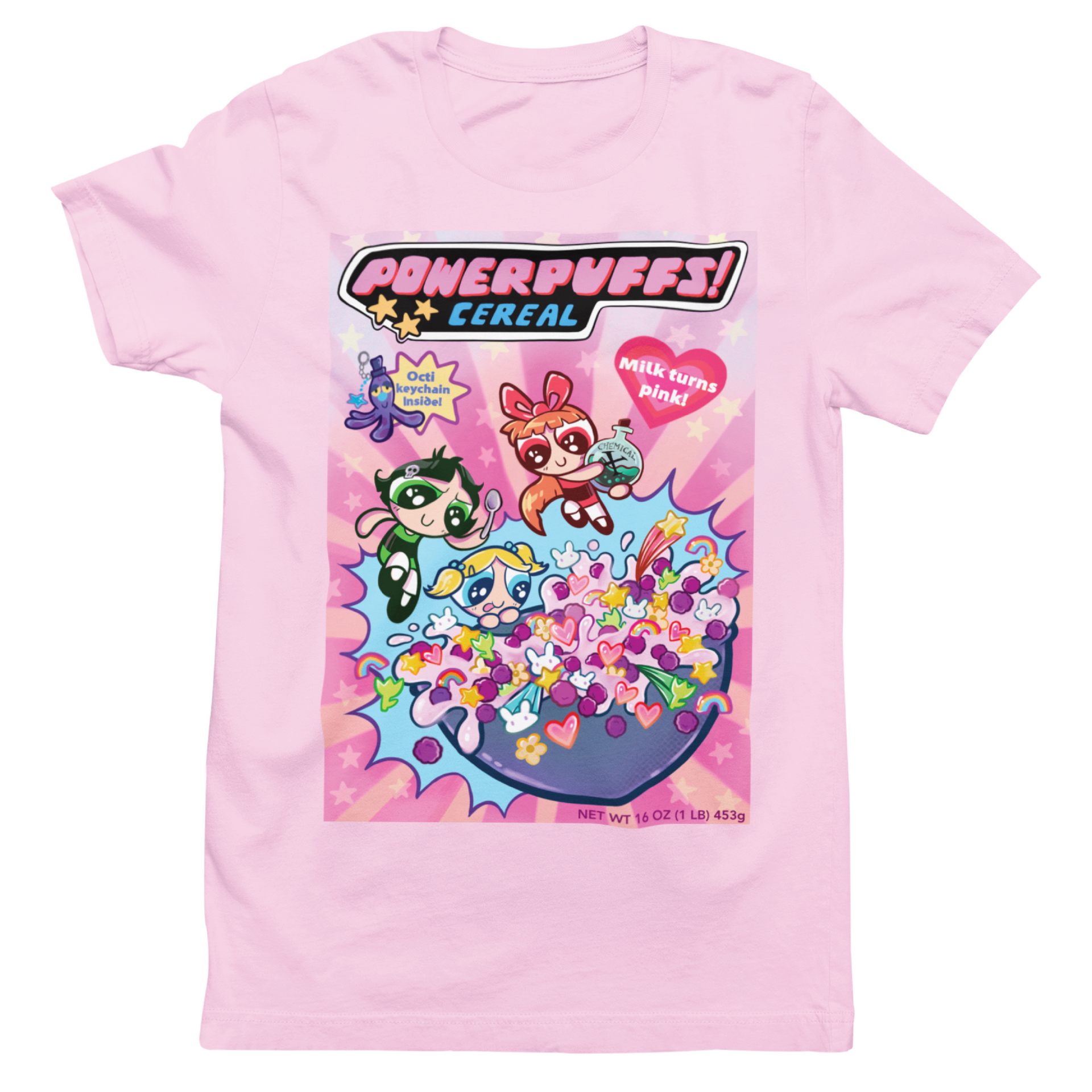 A little girl is wearing a pink powerpuff cereal t-shirt.