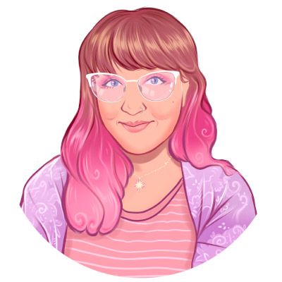 A cartoon portrait of a woman with pink hair and glasses.