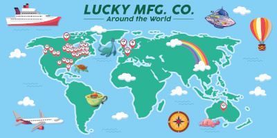 A map of the world with lucky mfg. co. around the world written on it