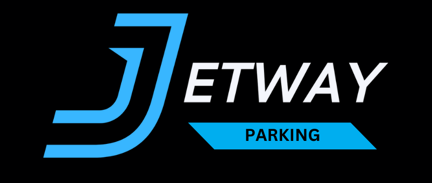 The logo for jetway parking is blue and white on a black background.