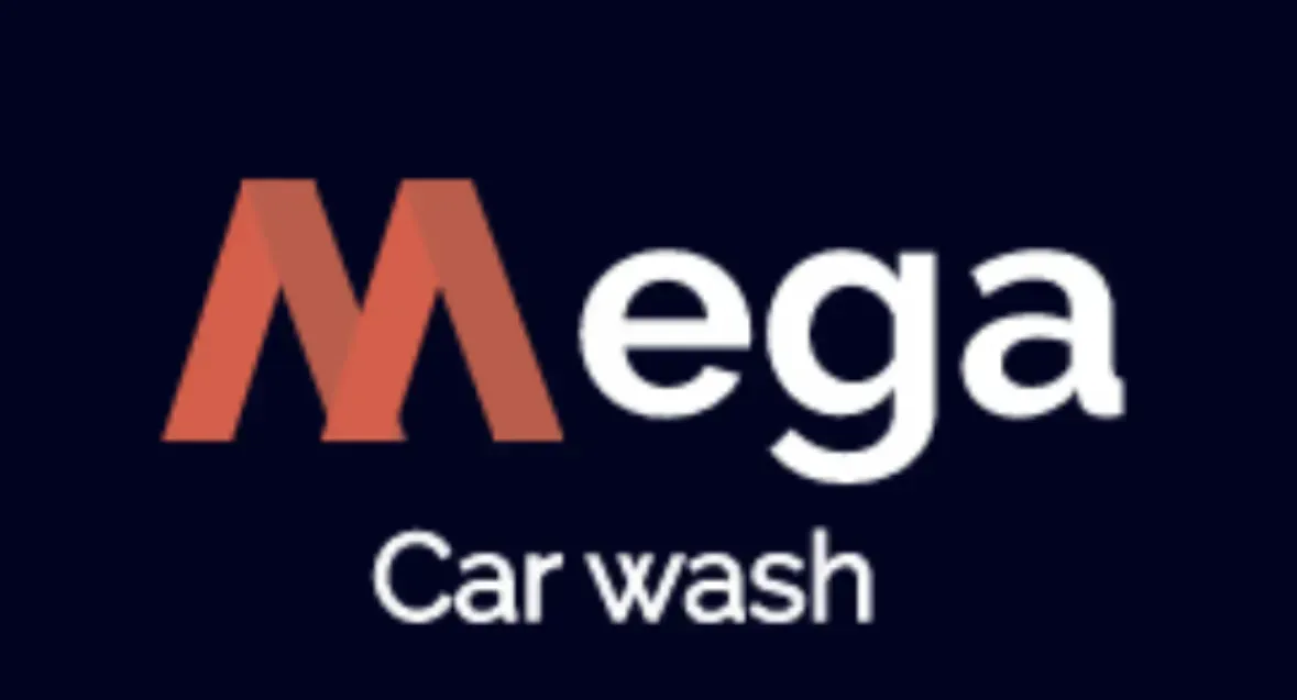 A logo for mega car wash on a dark blue background