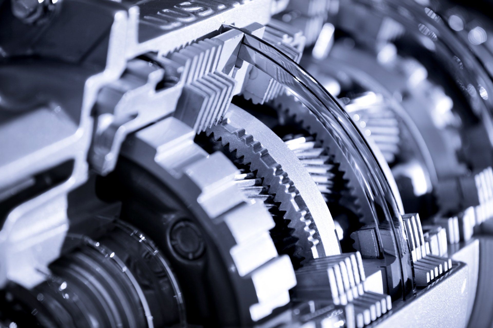 A close up of a gearbox with a lot of gears