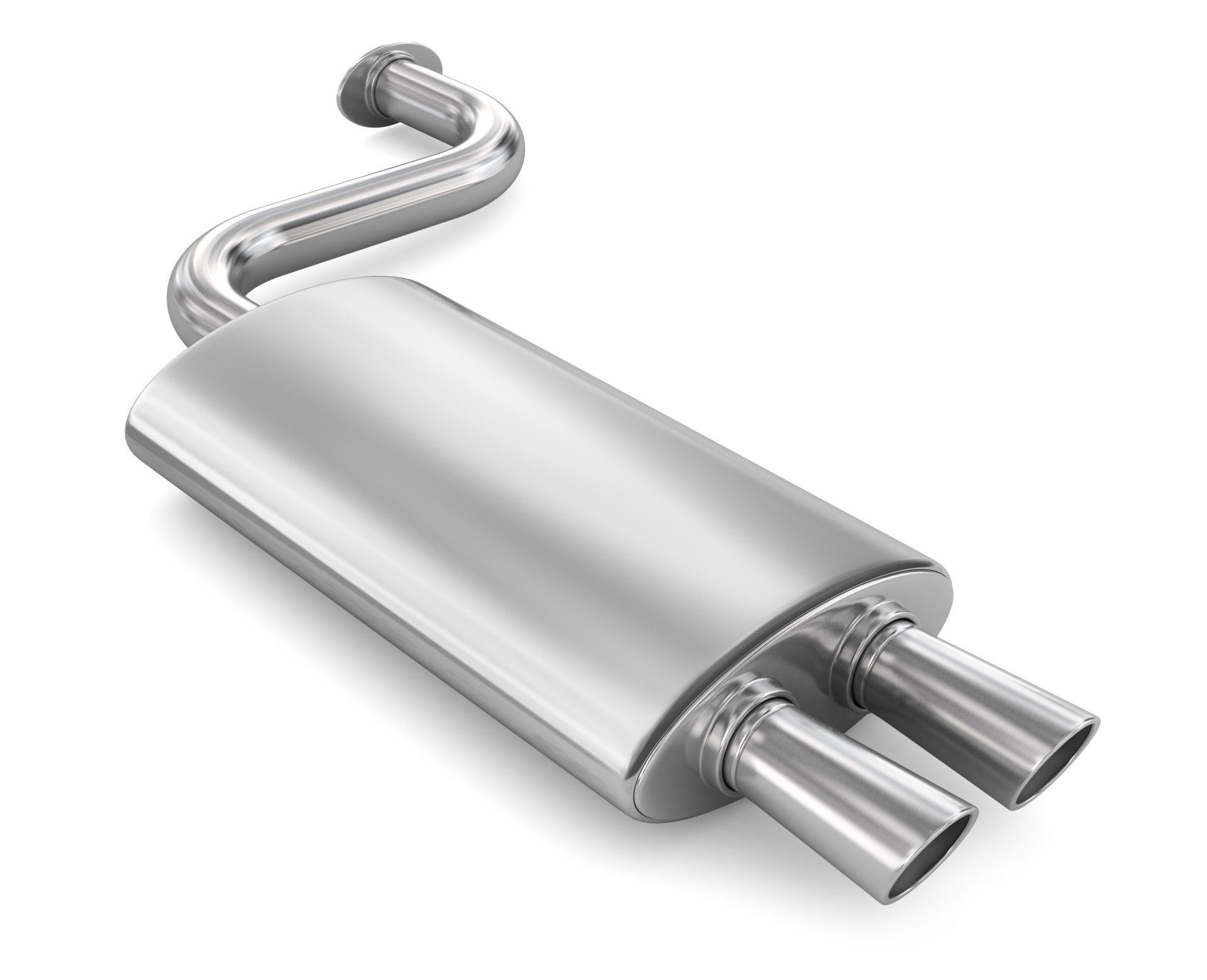 A close up of a stainless steel exhaust pipe on a white background.