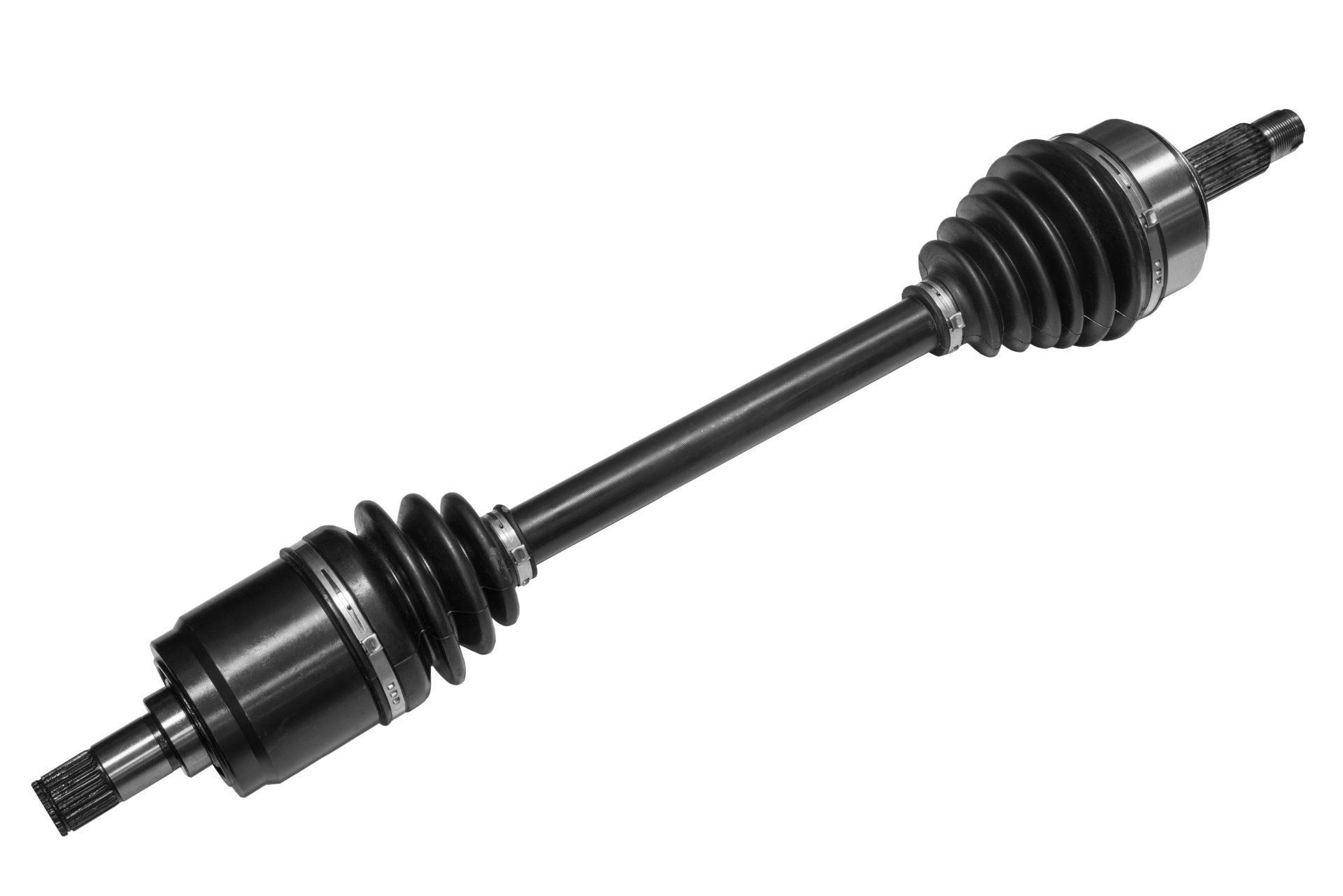 A close up of a drive shaft on a white background.