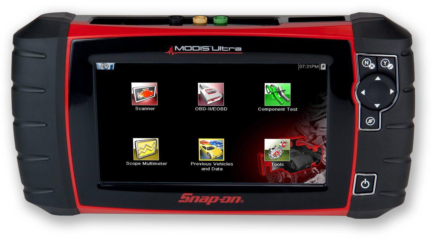 A red and black snapon device with icons on the screen