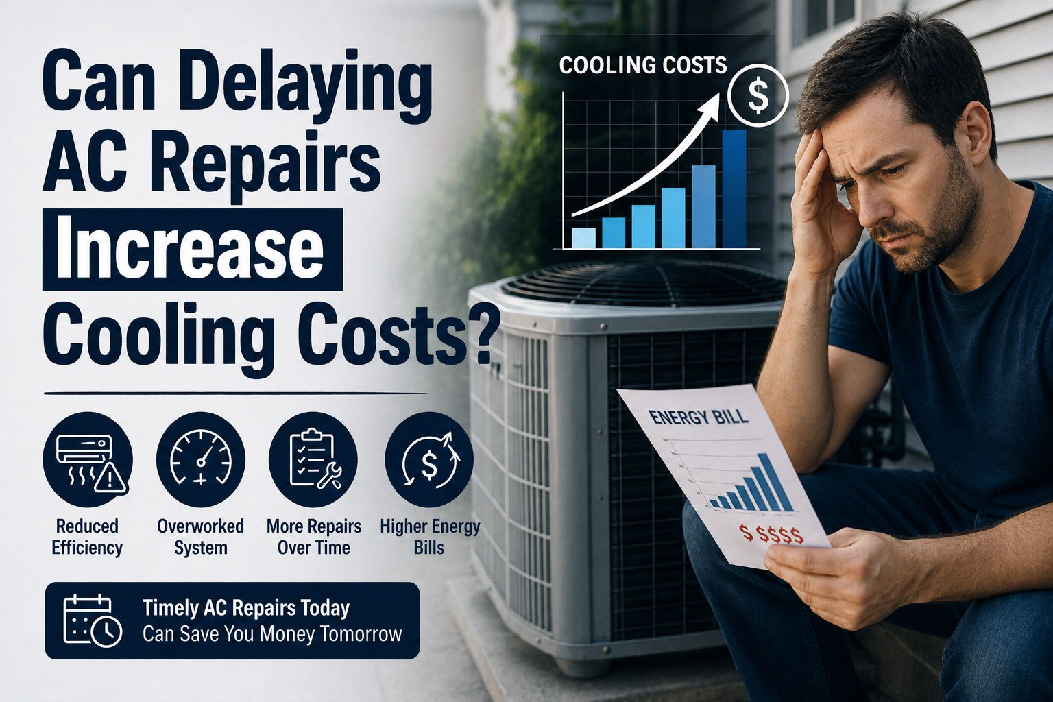 AC technician beside outdoor unit with chart and text asking if delaying AC repairs increases cooling costs