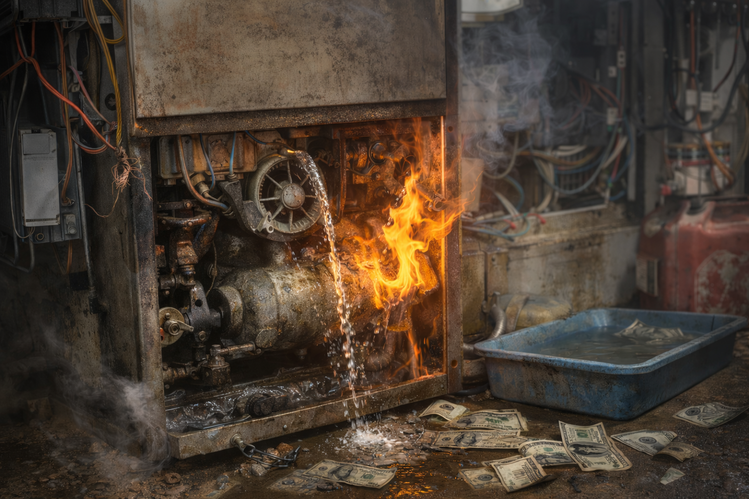 Burning fuel pump with flames, water, and scattered money.