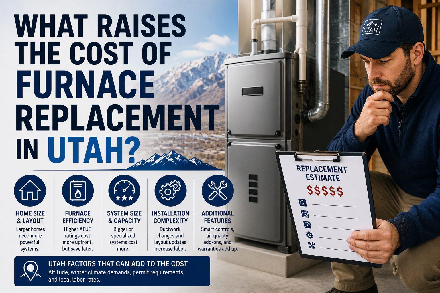 Man with clipboard beside furnace and HVAC units, asking what raises furnace replacement cost in Utah.