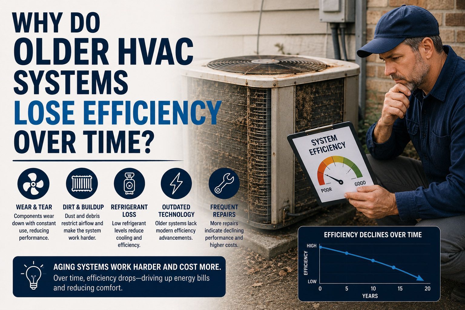 Infographic on why older HVAC systems lose efficiency, with technician inspecting rooftop unit and efficiency graph.