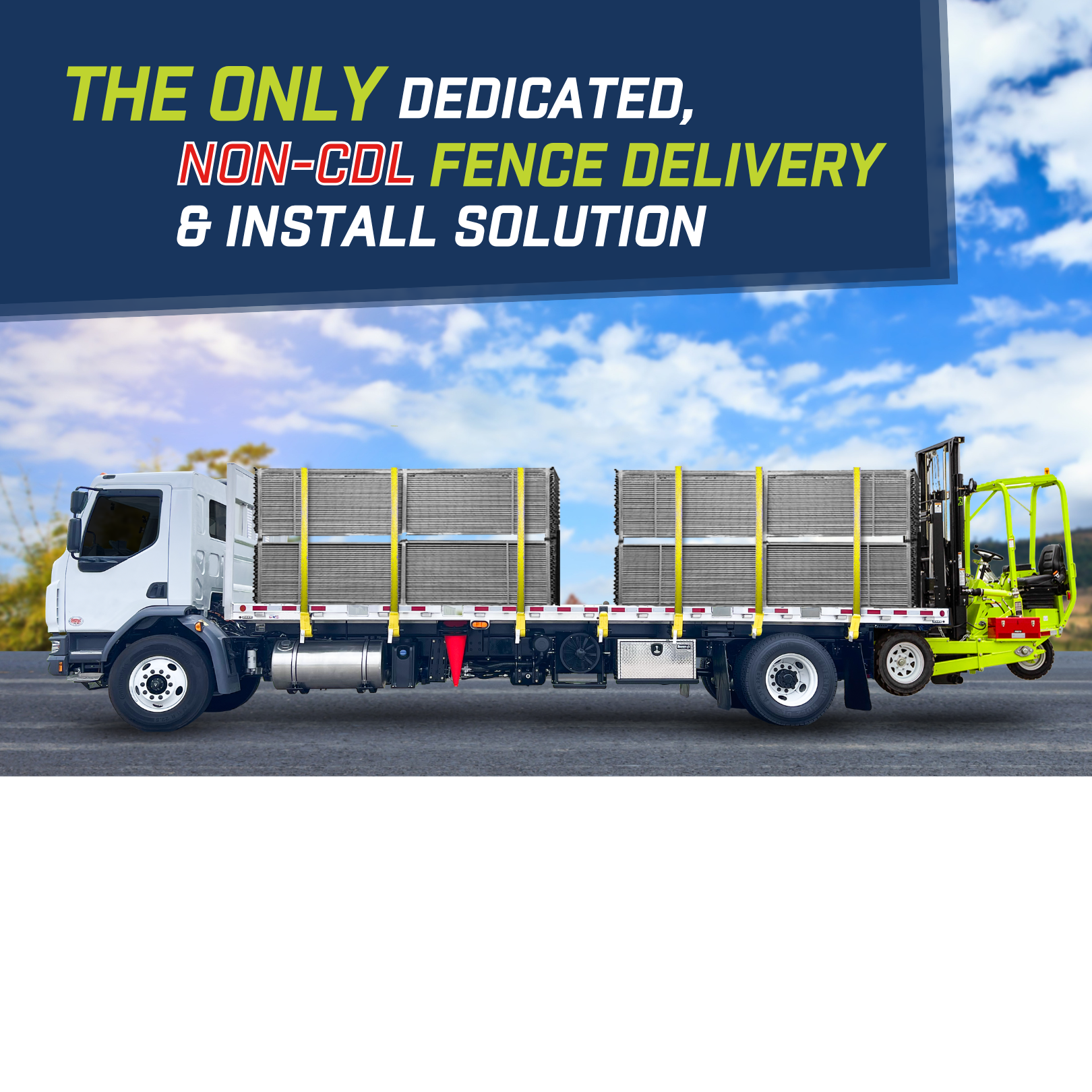 Truck carrying stacked fence panels with a forklift attached. Text: 