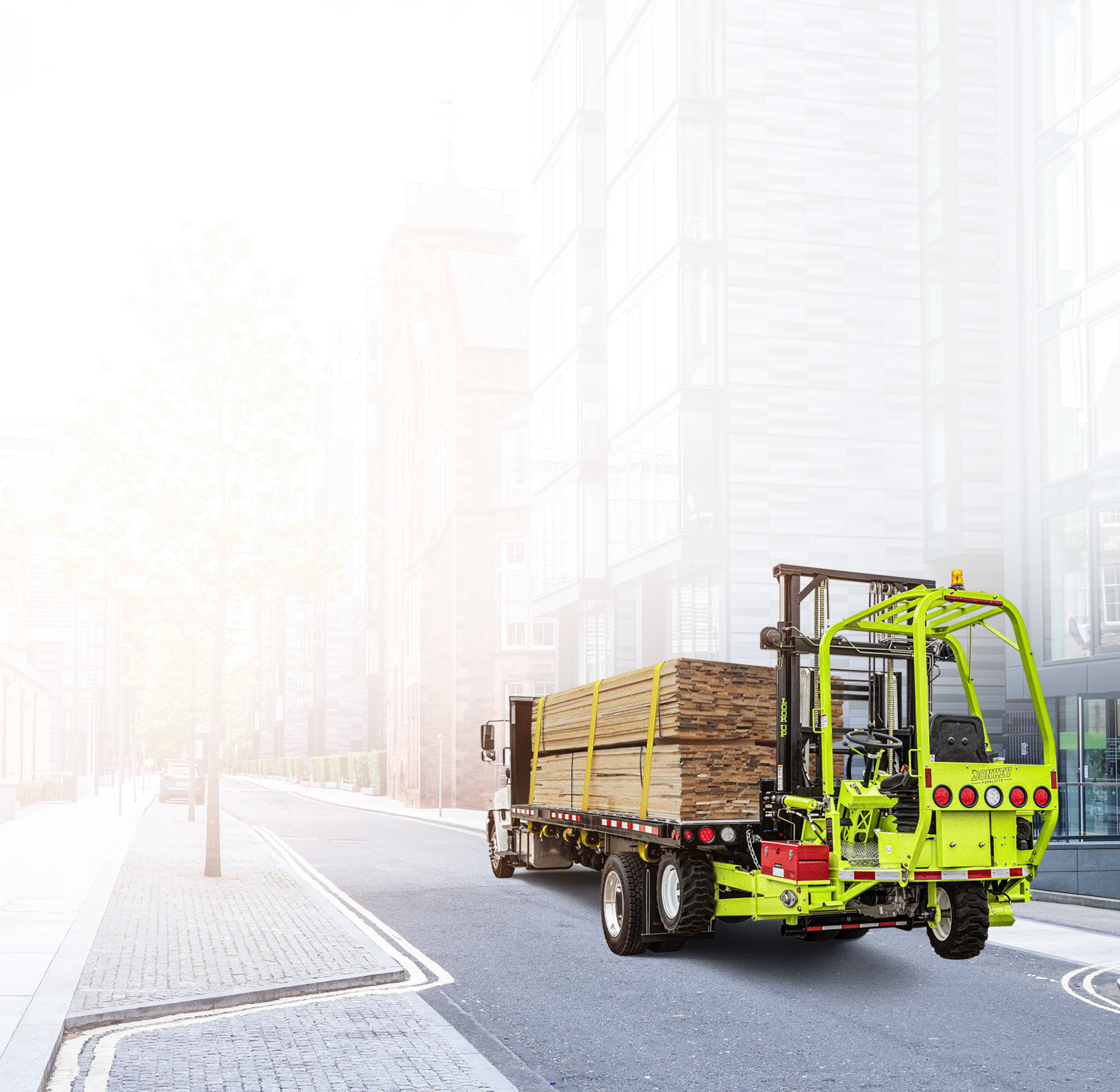 A lime green Moffett truck carrying lumber on a city street.