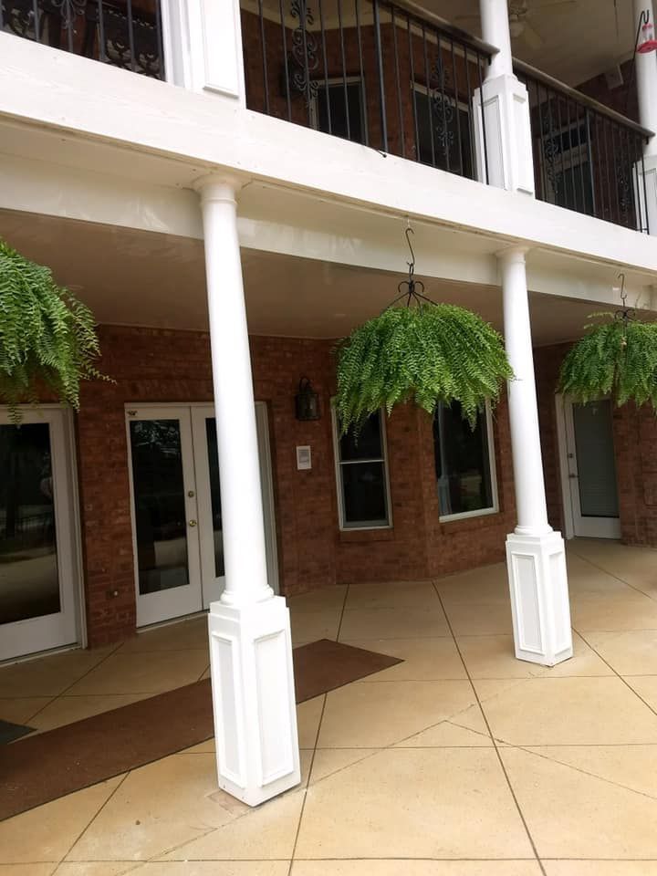 A brick building with white columns and ferns hanging from the ceiling.