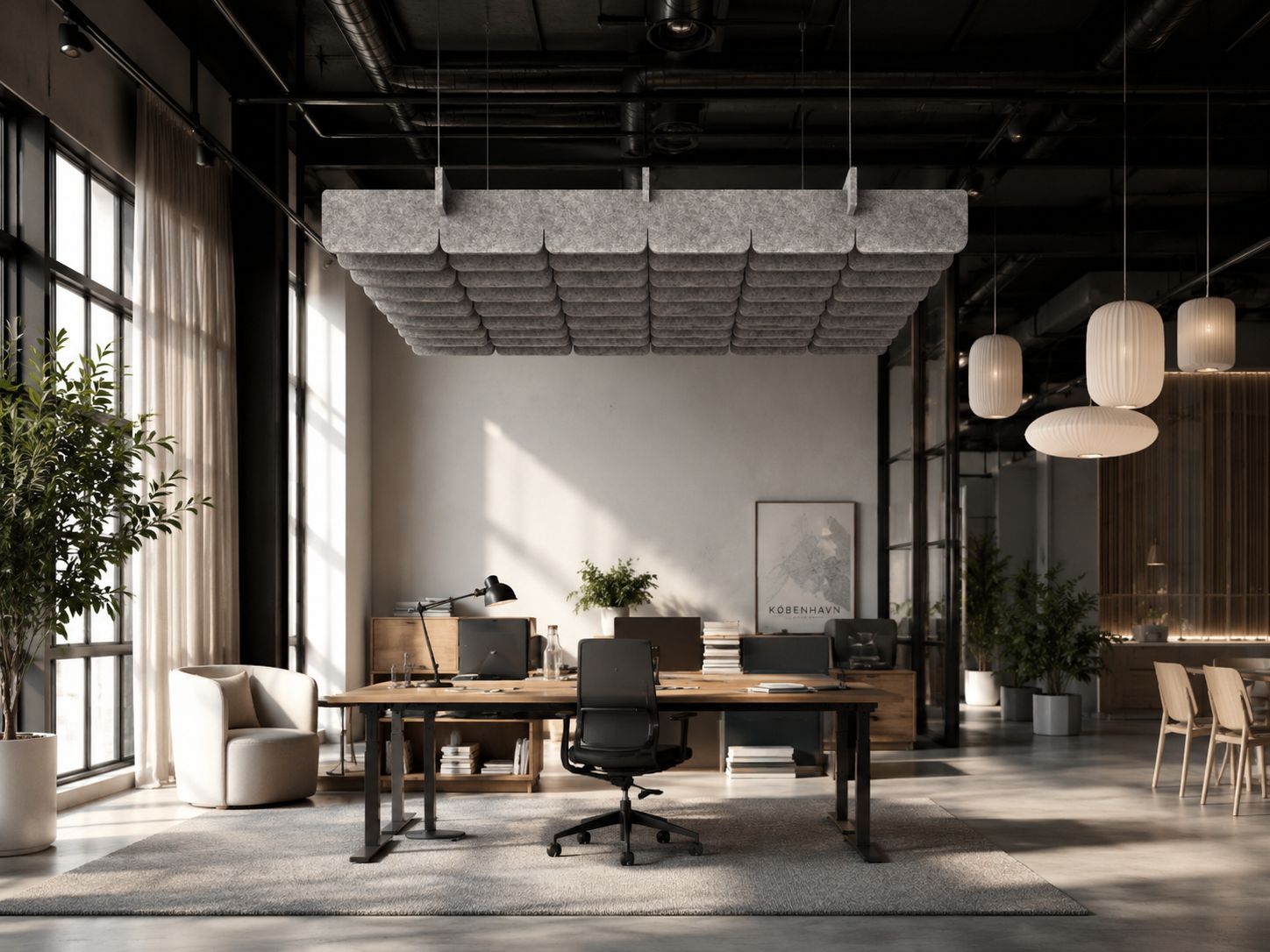 AURA Stratus akustikloft-element som hængende absorbent til loft i moderne kontormiljø.