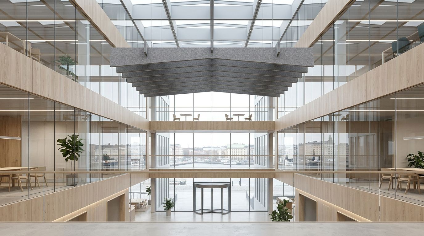 AURA Vallis absorbenter til loft monteret som akustikloft-element i kontormiljø.
