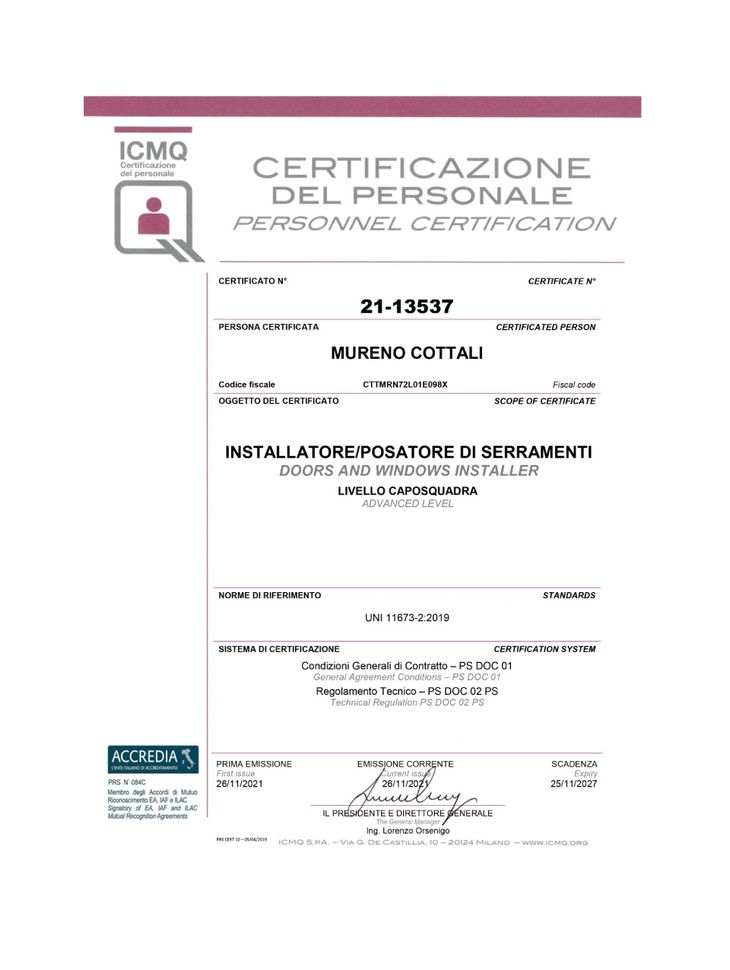 Certificazione installazione infissi