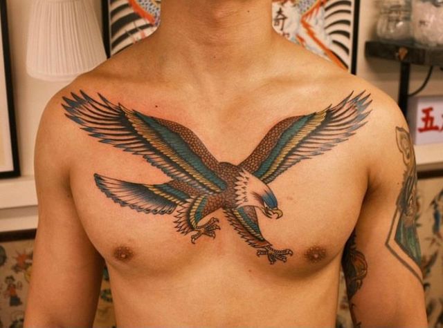 American traditional tattoos | Black tattoos, Traditional chest tattoo,  Black and grey tattoos