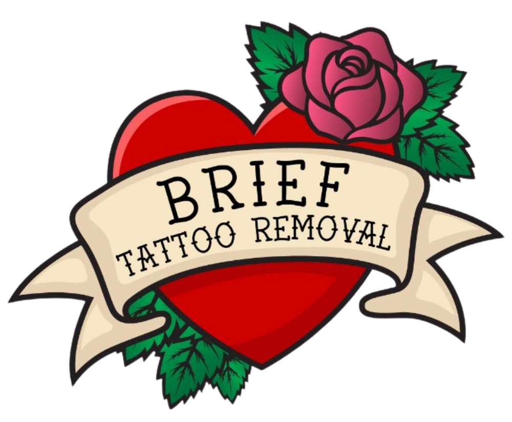 Logo for Brief Tattoo Removal: Red heart, banner, pink rose, and text.