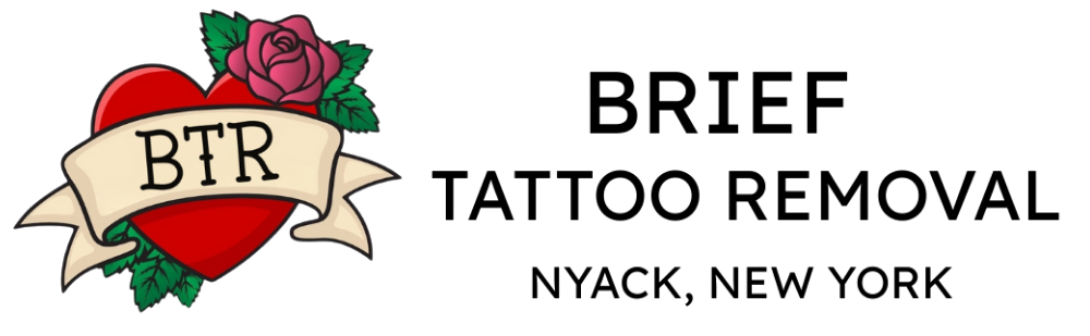 Logo for Brief Tattoo Removal in Nyack, New York. Featuring a red heart, rose, and a banner with 