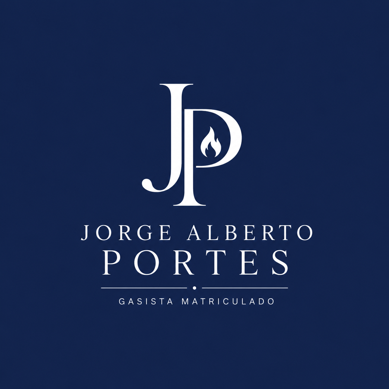 Logotipo blanco “JP” con “Jorge Alberto Portes” y “Gasita Hincapié” sobre un fondo azul oscuro.
