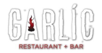 The logo for garlic restaurant and bar has a red flame on it.