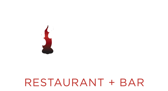 A restaurant and bar logo with a red flame on a white background.