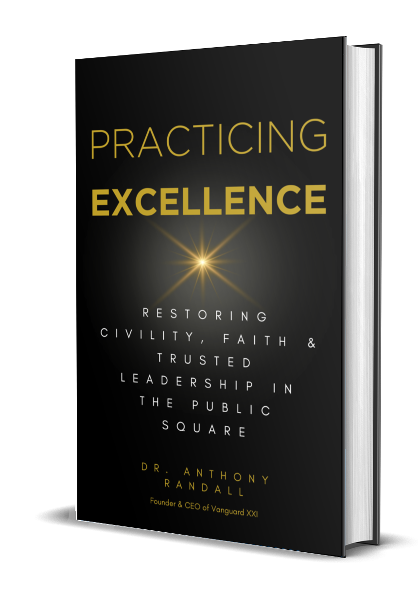 A black and gold book titled practicing excellence