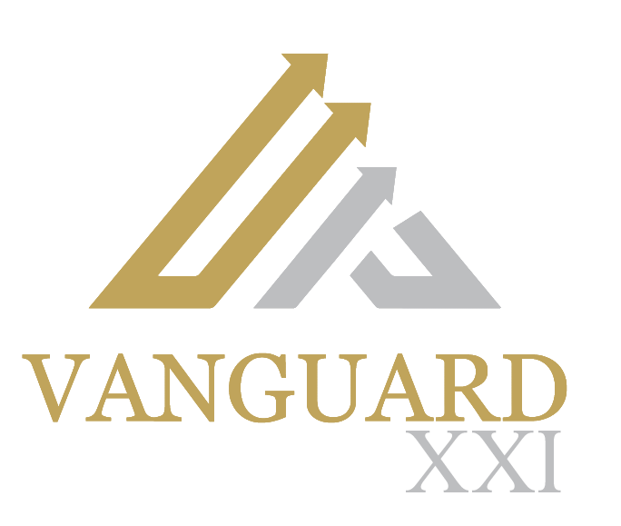 A gold and silver logo for vanguard xxi