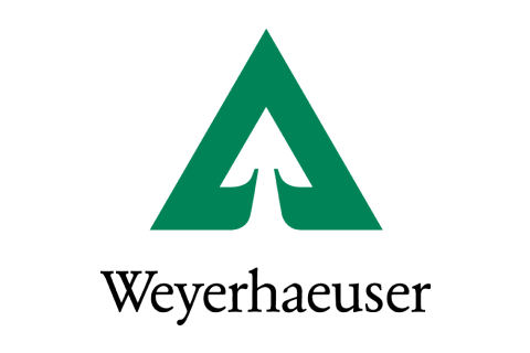 The weyerhaeuser logo has a green triangle with an arrow pointing up.