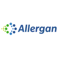 The logo for allergan is a blue and green logo with dots.