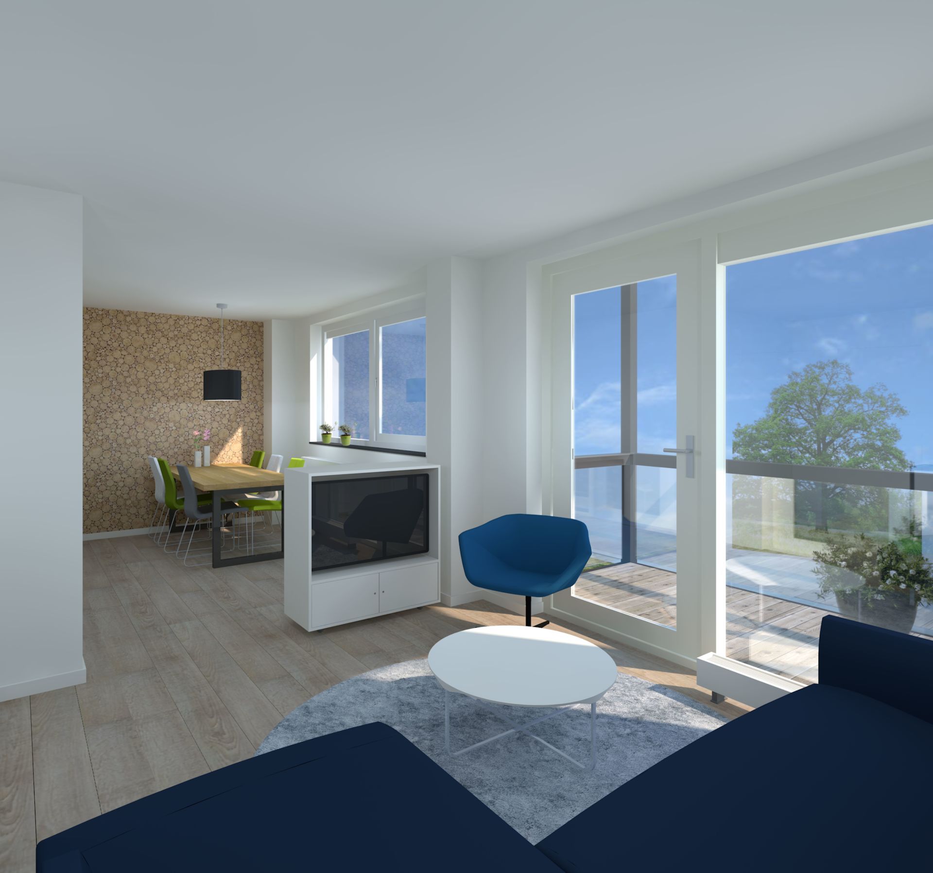 Woonkamer met blauwe bank, stoel en kleed. Eethoek en groot raam naar een balkon.