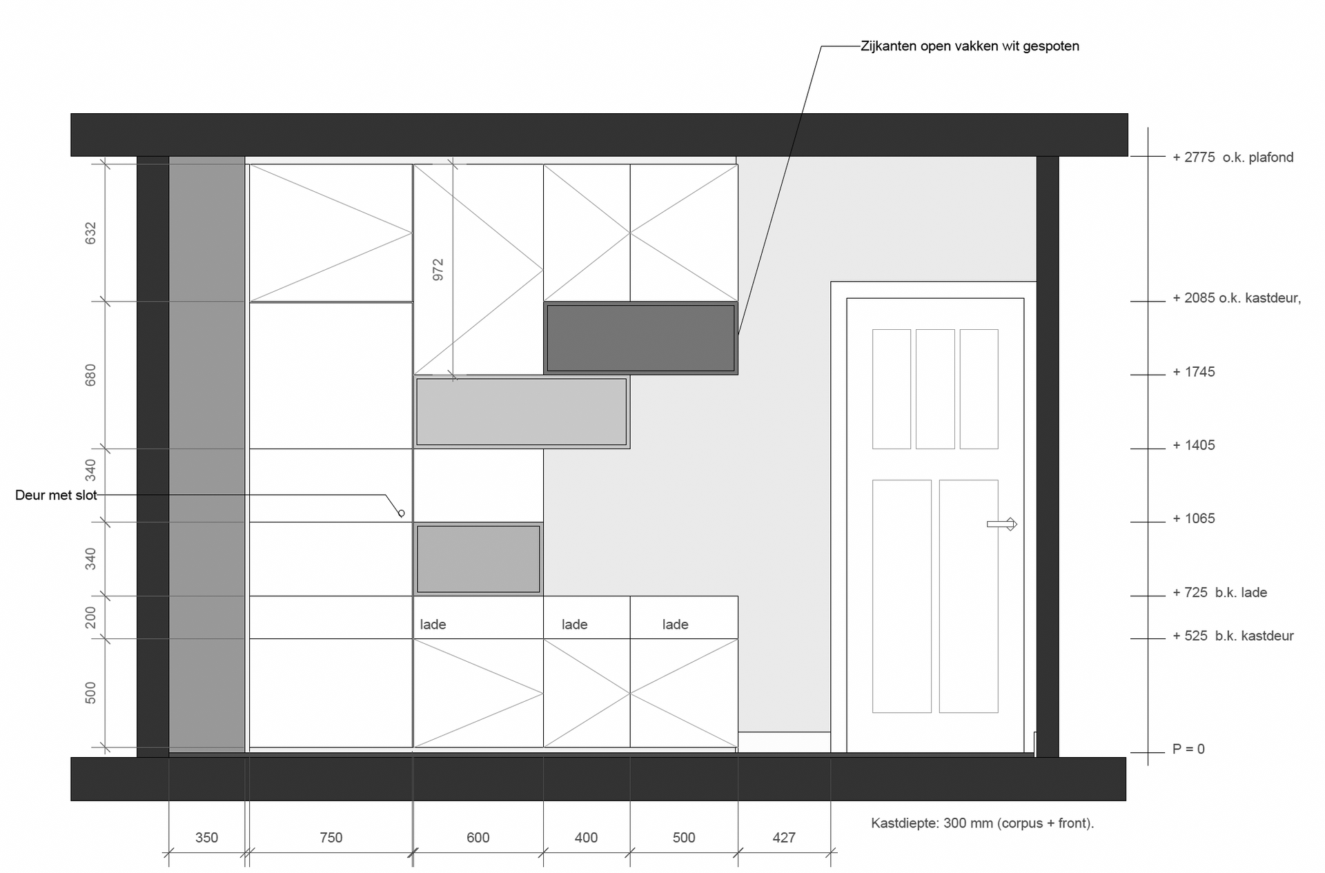 Aanzicht ontwerp maatwerk kastenwand