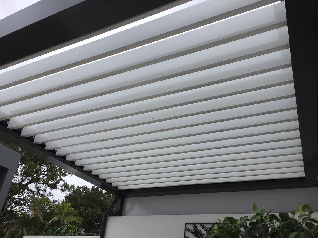 White and Grey Slatted Pergola Roof — Narellan Home Improvement Centre In Liverpool, NSW