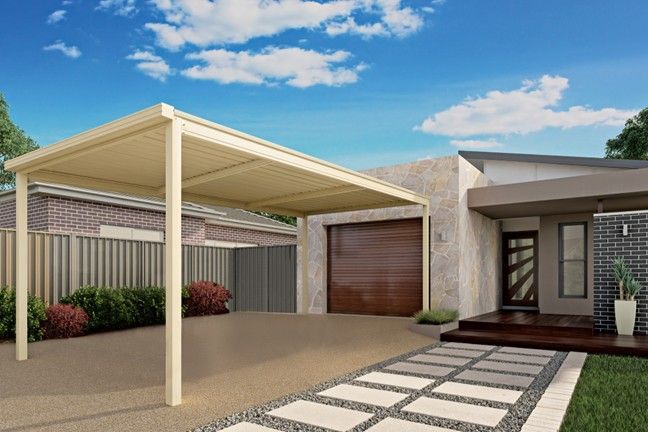 Beige carport next to a modern house with a brown garage door and walkway — Narellan Home Improvement Centre In Narellan, NSW