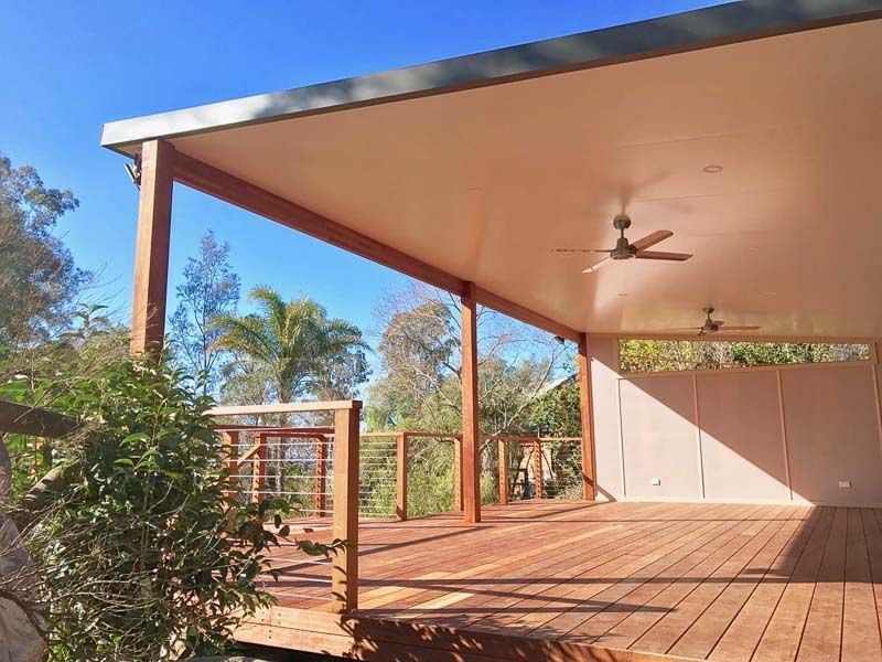 Wooden Deck With Roof, Ceiling Fans, and Railing — Narellan Home Improvement Centre In Narellan, NSW