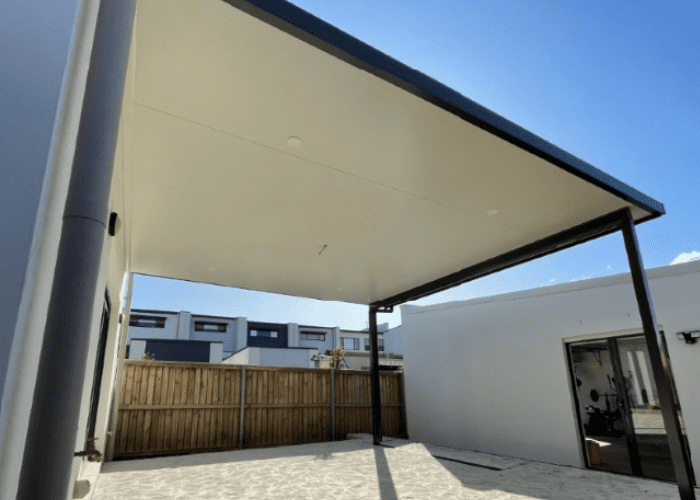 A Modern Patio With a Black-framed Roof and a Light-colored Ceiling — Narellan Home Improvement Centre In Narellan, NSW