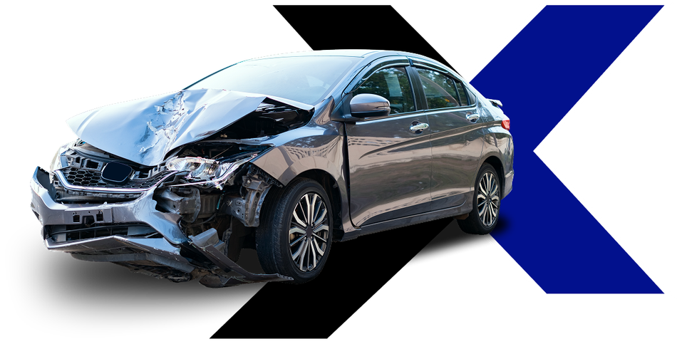 Cracked silver sedan over a black and blue X-shaped background, suggesting a car accident or insurance claim | Texas Carworx