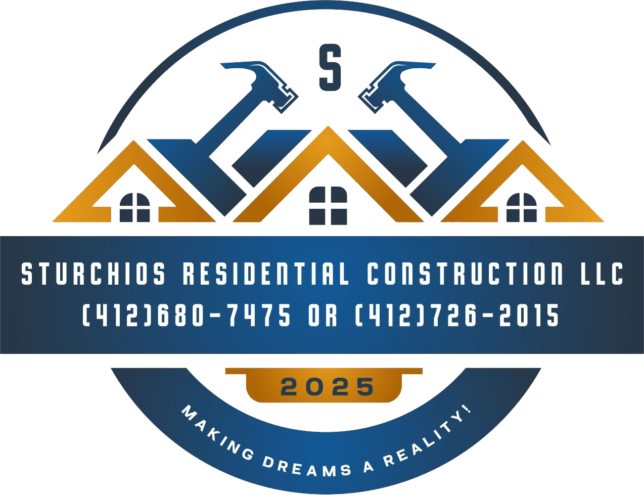 Logo for Sturchios Residential Construction LLC: Blue and gold house design, hammers, phone numbers.