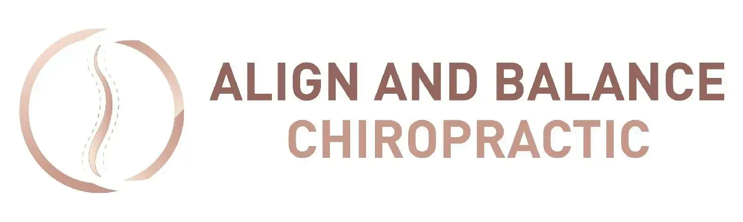 Logo for Align and Balance Chiropractic featuring a spine icon in a circle and the business name in rose gold.